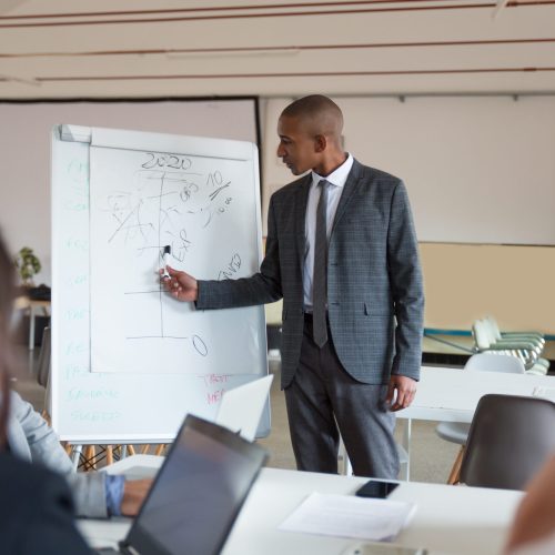 Confident speaker talking and pointing at whiteboard. Group of employees discussing ideas during presentation of new project at briefing. Business meeting concept